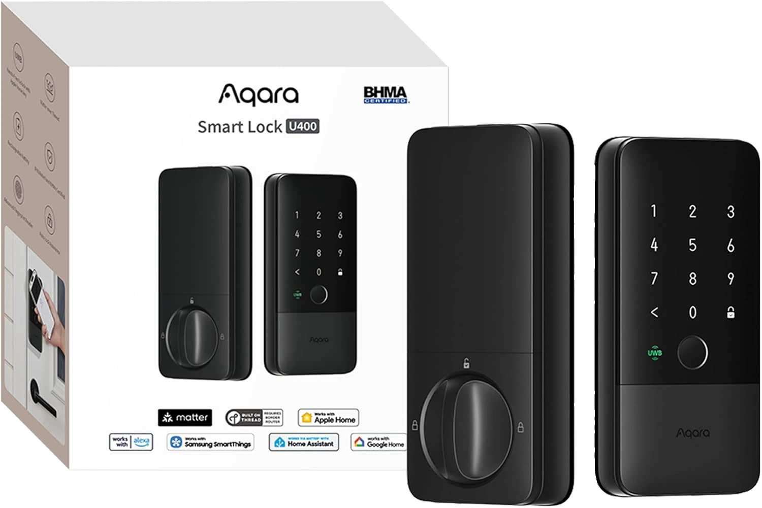Product photo: Aqara UWB Smart Lock U400, Apple Home Key, Fingerprint Deadbolt, Black